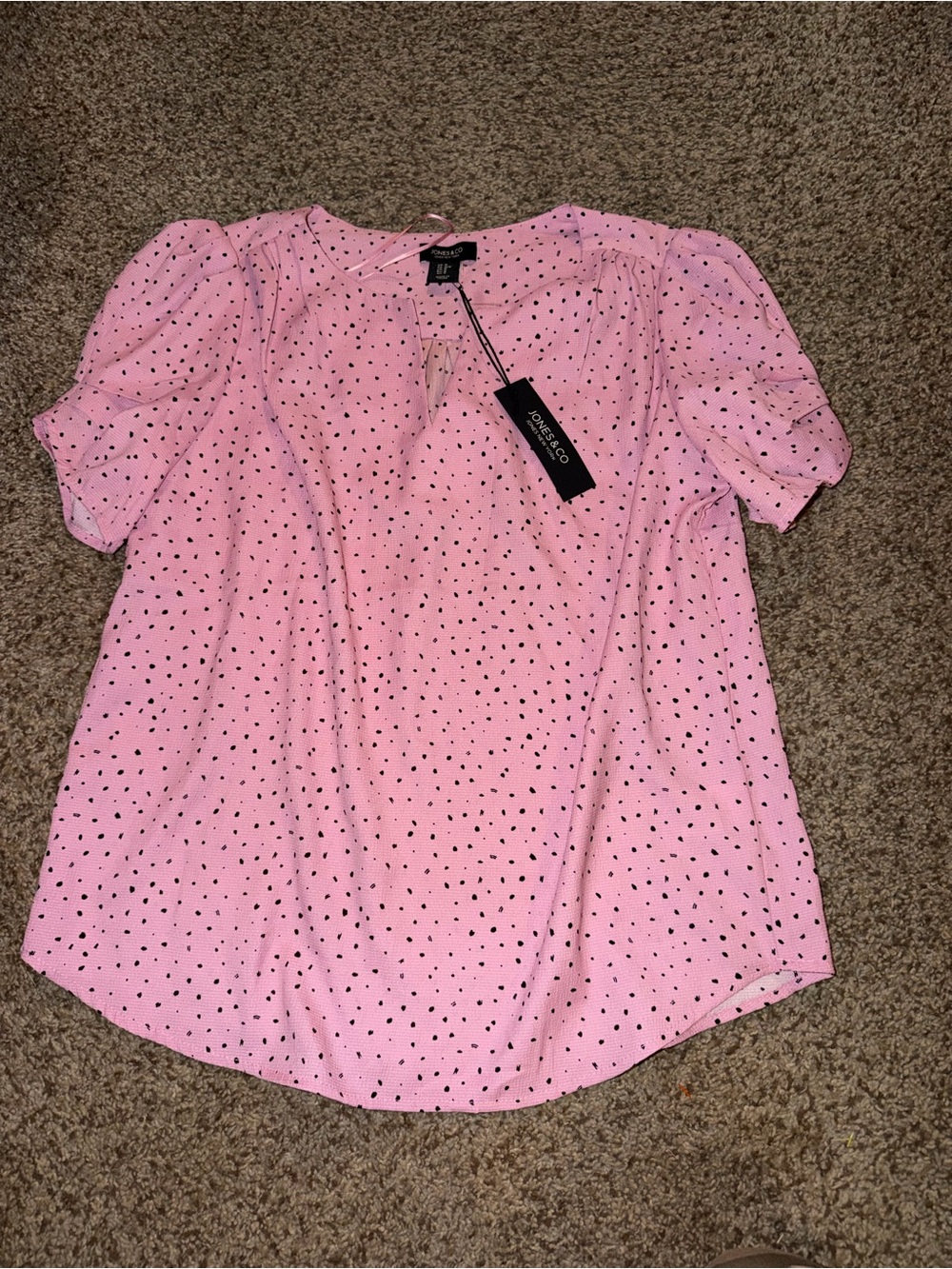 Jones New York Pink Polka Dot Puff Sleeve Blouse